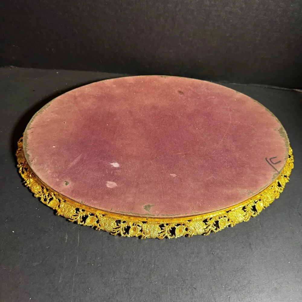 Gold Tone Vintage Table Top Jewelry Catch Mirror [Art 069]